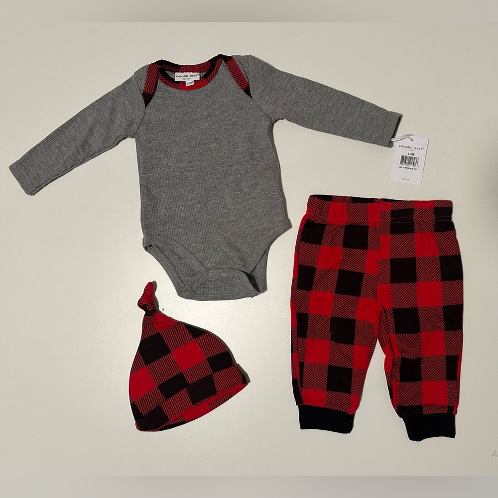 NWT Emporio Baby 3-6M 3pc Holiday Set Red and Black Plaid
